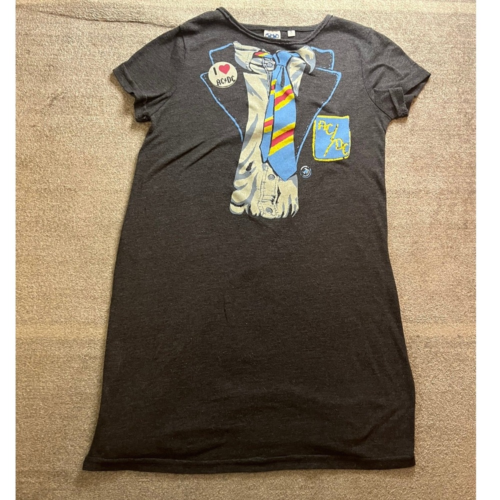 Junk Food AC/DC Graphic T-Shirt Dress Charcoal Grey Tuxedo Print Small Band Tee